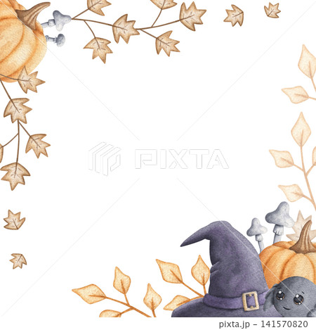 Template with purple witch hat, pumpkin, autumn branches and cute little spider watercolor hand drawn illustration isolated on white background.Festive frame for Halloween invitation and greeting card Template with purple witch hat, pumpkin, autumn branches and cute little spider watercolor hand drawn illustration isolated on white background.Festive frame for Halloween invitation and greeting card 141570820