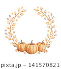 Wreath with pumpkins and autumn branches watercolor hand drawn illustration isolated on white background. Festive frame in soft and warm colors for Halloween invitation and greeting cards 141570821