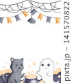 Frame with cat and ghost with boiling potion, hanging web and flags watercolor hand drawn illustration isolated on white background. Template with festive cute characters for party invitation 141570822