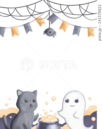 Frame with cat and ghost with boiling potion, hanging web and flags watercolor hand drawn illustration isolated on white background. Template with festive cute characters for party invitation Frame with cat and ghost with boiling potion, hanging web and flags watercolor hand drawn illustration isolated on white background. Template with festive cute characters for party invitation 141570822