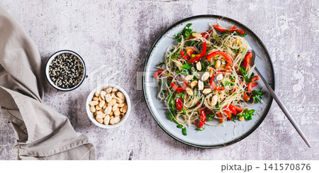 Rice noodles funchose with bell pepper, herbs and peanuts on a plate on the table top view web banner Rice noodles funchose with bell pepper, herbs and peanuts on a plate on the table top view web banner 141570876