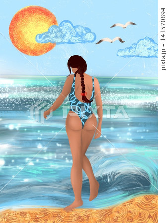 Rear view of a curvy woman in a blue swimsuit walking towards the ocean at sunset. Digital illustration of summer beach vacation. Rear view of a curvy woman in a blue swimsuit walking towards the ocean at sunset. Digital illustration of summer beach vacation. 141570894