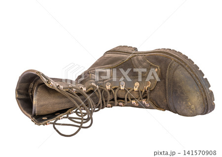 Worn Dark Lace-Up Boot Isolated on White Background Worn Dark Lace-Up Boot Isolated on White Background 141570908