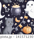 Watercolor seamless pattern with black kitten, ghost, boiling cauldron and pumpkins on dark purple background. Hand drawn illustration with cute festive characters and elements.  141571230