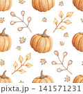Seamless pattern with pumpkins, autumn twigs and leaves watercolor illustration isolated on white background. Hand drawn backdrop with festive elements in warm and soft colors. Ideal for textile print 141571231