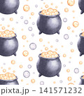 Seamless pattern with boiling cauldrons and bubbles watercolor illustration isolated on white background. Hand drawn backdrop with cartoon magic elements. Ideal for textile prints and packaging 141571232