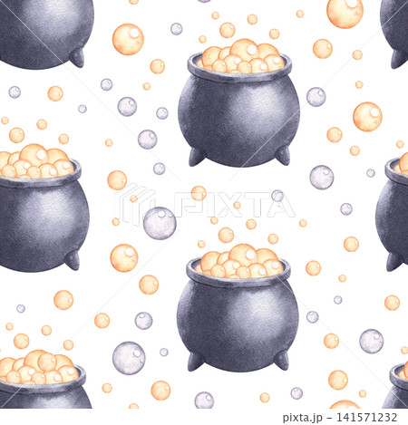 Seamless pattern with boiling cauldrons and bubbles watercolor illustration isolated on white background. Hand drawn backdrop with cartoon magic elements. Ideal for textile prints and packaging Seamless pattern with boiling cauldrons and bubbles watercolor illustration isolated on white background. Hand drawn backdrop with cartoon magic elements. Ideal for textile prints and packaging 141571232