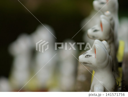 Close up of small white fox figures representating the Japanese shinto god Inari 141571756