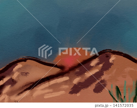 Hand painted desert sunset landscape with warm sand dunes, glowing sun, mountains, wild nature inspired by arid wilderness, southwestern scenery. Hand painted desert sunset landscape with warm sand dunes, glowing sun, mountains, wild nature inspired by arid wilderness, southwestern scenery. 141572035