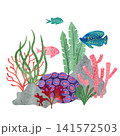 Colorful watercolor coral reef scene with fish. Vector marine illustration 141572503