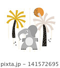 Cute cartoon elephant and palm trees. Safari vector illustration for kids 141572695
