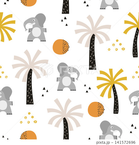 Seamless safari pattern with cute elephant and palm trees 141572696
