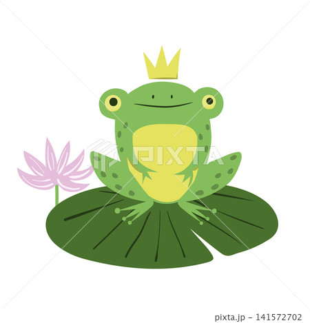 Frog prince on lily pad. Cartoon vector illustration of green frog with crown Frog prince on lily pad. Cartoon vector illustration of green frog with crown 141572702