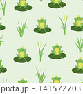 Seamless cartoon Prince Frog pattern. Vector marsh background for kids 141572703