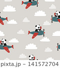 Seamless pattern with cute panda bears on planes. Baby print with cartoon pilots 141572704