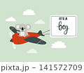 Baby shower boy greeting card. Cute koala pilot on airplane 141572709