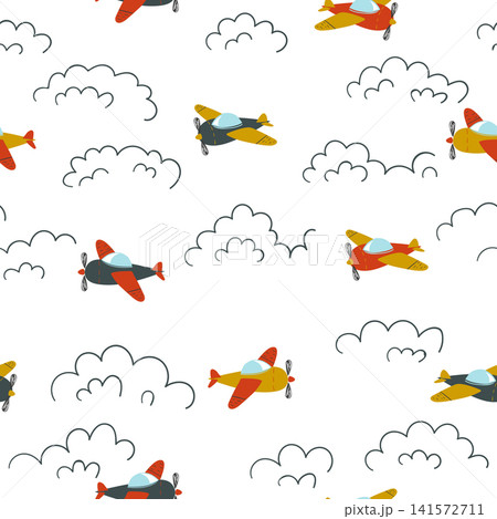 Seamless pattern with colorful airplanes and clouds for kids Seamless pattern with colorful airplanes and clouds for kids 141572711