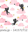 Seamless vector pattern with cute baby angels and pink watercolor clouds 141572712