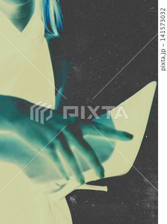 Experimental fashion featuring elegant high heels and feminine hand with negative color inversion. Conceptual photography blending surreal aesthetics, luxury fashion and abstract editorial design. 141573032