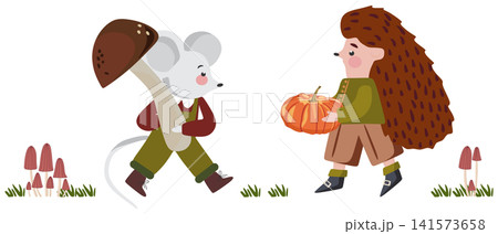 Cute Forest Characters Hedgehog with Pumpkin and Mouse with Mushroom. Autumn Vector Collection Cute Forest Characters Hedgehog with Pumpkin and Mouse with Mushroom. Autumn Vector Collection 141573658