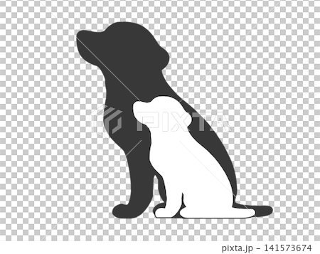 Silhouette of a dog and its puppy sitting down Silhouette of a dog and its puppy sitting down 141573674