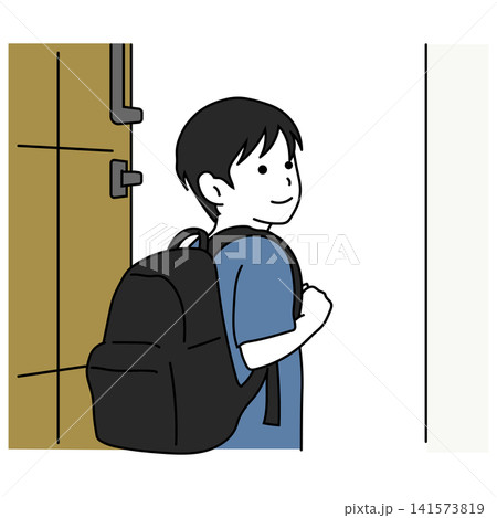 リュックを背負って玄関を出かける男の子 リュックを背負って玄関を出かける男の子 141573819