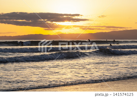 湘南鵠沼海岸  夕方の海でサーフィン 141574125