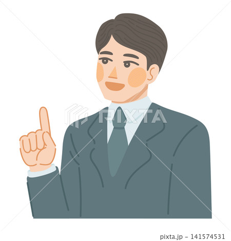 笑顔で上を向きながら、指をさすスーツ姿の男性のイラスト 笑顔で上を向きながら、指をさすスーツ姿の男性のイラスト 141574531