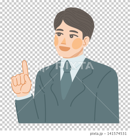 笑顔で上を向きながら、指をさすスーツ姿の男性のイラスト 笑顔で上を向きながら、指をさすスーツ姿の男性のイラスト 141574531