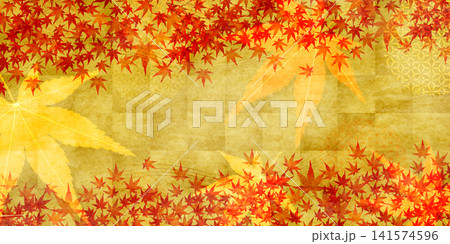 金箔の背景と舞い散る秋の紅葉 141574596