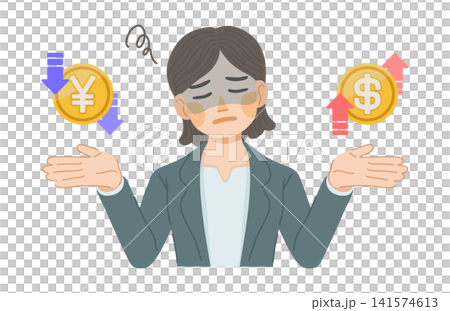 An illustration of a woman in a suit who is saddened by the weak yen and strong dollar. An illustration of a woman in a suit who is saddened by the weak yen and strong dollar. 141574613