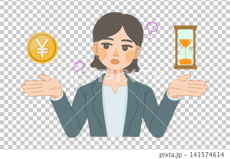 タイムパフォーマンスを考えるスーツ姿の女性のイラスト タイムパフォーマンスを考えるスーツ姿の女性のイラスト 141574614