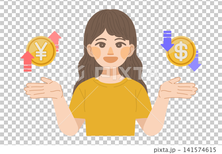 An illustration of a woman rejoicing over the strong yen and weak dollar. An illustration of a woman rejoicing over the strong yen and weak dollar. 141574615