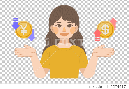 An illustration of a woman rejoicing over the weak yen and strong dollar. An illustration of a woman rejoicing over the weak yen and strong dollar. 141574617