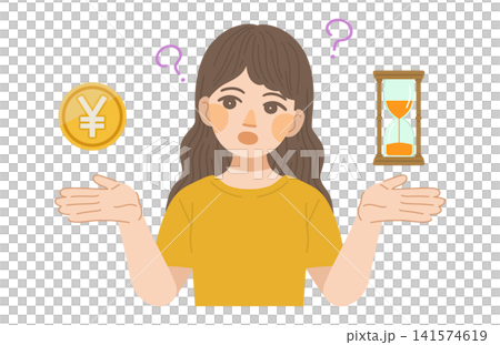 一幅描繪女性思考時間表現的插圖。 一幅描繪女性思考時間表現的插圖。 141574619