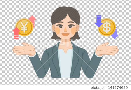 An illustration of a female office worker happy about the strong yen and weak dollar. An illustration of a female office worker happy about the strong yen and weak dollar. 141574620