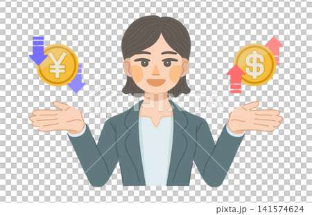 An illustration of a woman in a suit rejoicing over the weak yen and strong dollar. An illustration of a woman in a suit rejoicing over the weak yen and strong dollar. 141574624