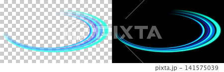 Cyan elliptical neon light trails on a transparent background with a light effect. Cyan elliptical neon light trails on a transparent background with a light effect. 141575039