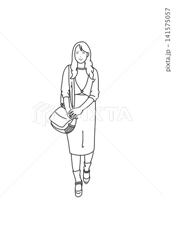 バッグを持って歩く女性のイラストの線画 141575057