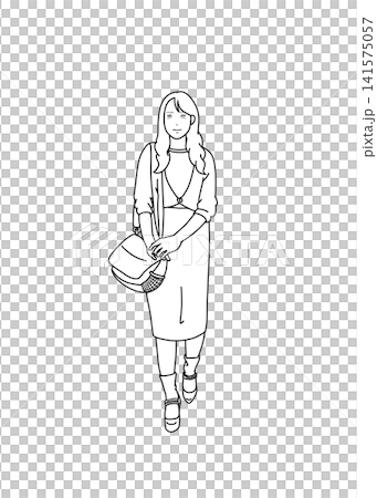 バッグを持って歩く女性のイラストの線画 141575057