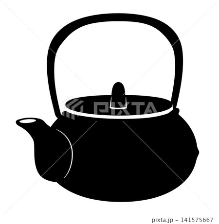 白背景に孤立した南部鉄器風の鉄瓶シルエットイラスト 141575667