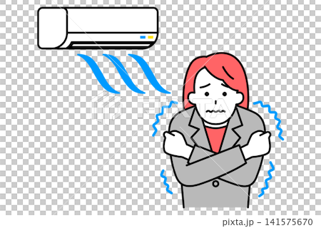 一位身穿西裝的女士感到寒冷,因為空調溫度太高。 一位身穿西裝的女士感到寒冷,因為空調溫度太高。 141575670