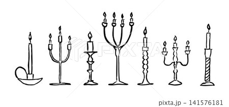 Crayon hand drawn doodled candle set. Black rough sketched burning candles collection. Scribbled candlestick and candelabra bundle for greeting card, birthday, Christmas, easter decoration. Vector 141576181