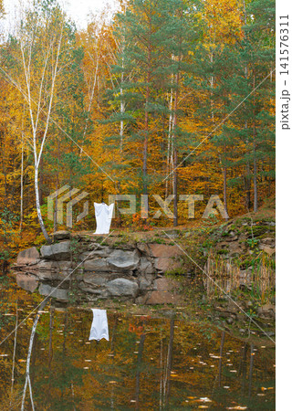 Playful ghost halloween costume White fabric drapes over the figure, while glasses and cap add personality charm. Colorful fall foliage tree trunks fallen leaves and natural woodland surroundings 141576311