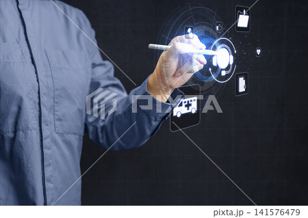 Medical professional interacting with a futuristic digital HUD interface displaying healthcare data and ambulance icons. Telehealth and online medical consultation concept Medical professional interacting with a futuristic digital HUD interface displaying healthcare data and ambulance icons. Telehealth and online medical consultation concept 141576479