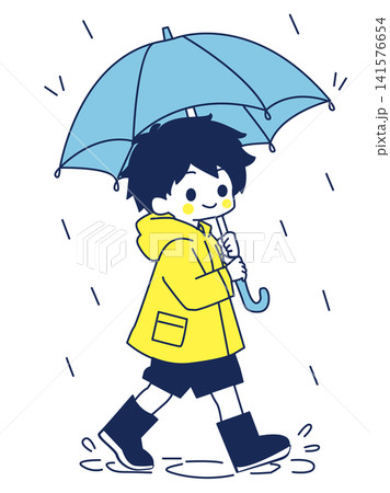 合羽を着て雨傘をさす男の子 合羽を着て雨傘をさす男の子 141576654