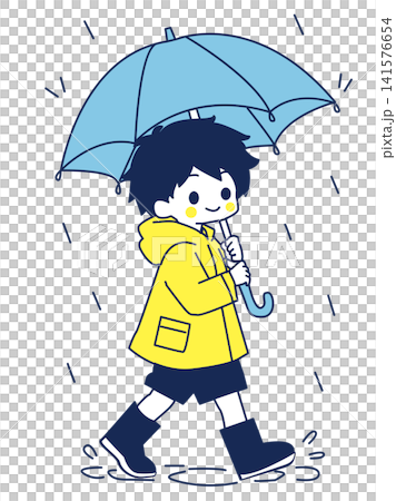 合羽を着て雨傘をさす男の子 合羽を着て雨傘をさす男の子 141576654