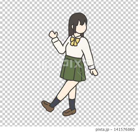 A girl walking in a blazer uniform with a green skirt. A girl walking in a blazer uniform with a green skirt. 141576860