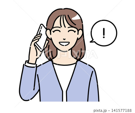 笑顔でスマホで通話するオフィスカジュアルの若い女性のイラスト カラー 笑顔でスマホで通話するオフィスカジュアルの若い女性のイラスト カラー 141577188