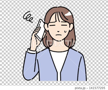 A color illustration of a young woman in office casual attire who is having trouble while talking on her smartphone. A color illustration of a young woman in office casual attire who is having trouble while talking on her smartphone. 141577205